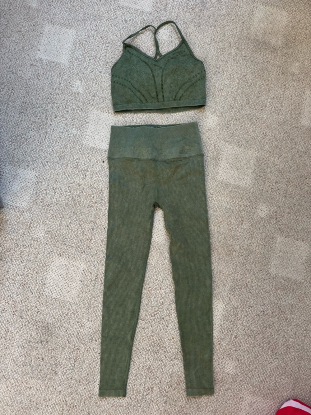 Spiritual Gangster Olive Green Ribbed Seamless Sports Bra & Leggings Set